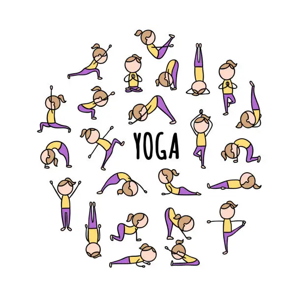Vector illustration of Yoga poses vector round concept. Healthy lifestyle and sport hand drawn set on white background. Active girl doing exercises and yoga asanas