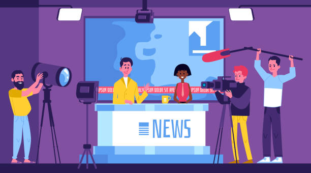 istock Tv news studio with presenters and crew with equipment cartoon vector illustration. 1193485902