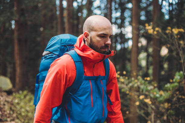 istock Man hiking in Japanese forest 1193486850