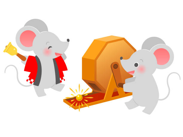 ilustracja myszy, która wygrywa z loterią i myszą urzędnika noszącego happi ringing a bell - bell pull stock illustrations