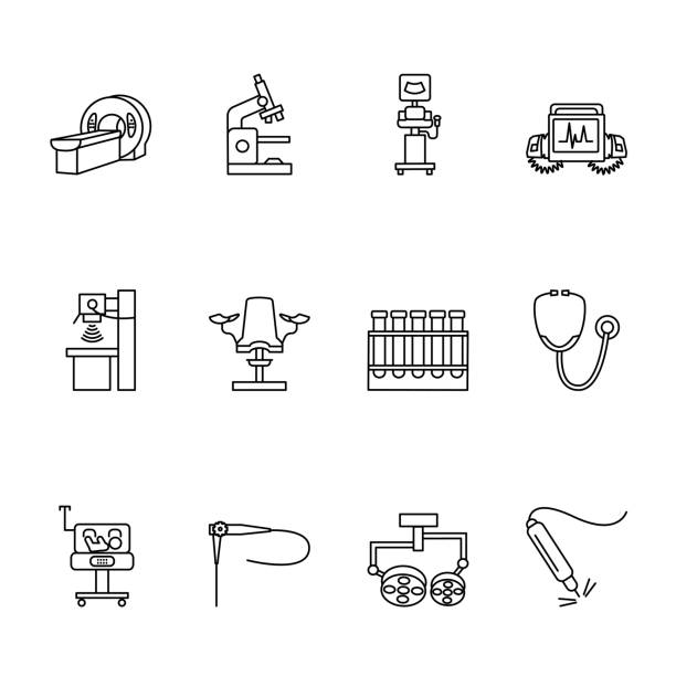 의료 장비 라인 아이콘 세트입니다. 벡터 삽화 검사, mri, x 선, 초음파 기계, 내시경 검사, 수술용 조명, 램프, 제세동기, 현미경, 부인과 의자, 시험관, 청진기, 아기 인큐베이터, 레이저 - medical instrument stock illustrations