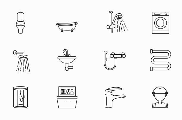 illustrazioni stock, clip art, cartoni animati e icone di tendenza di set di icone idrauliche. idraulico, rubinetto, acqua, tubazioni, vasca da bagno, valvola, rubinetto, fogna, lavabo, bagno, box doccia, lavandino, bagno, lavatrice, lavastoviglie, bidet, spruzzatore, approvvigionamento idrico - doccia