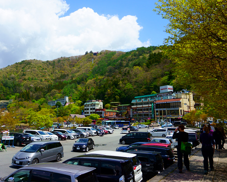 Fujikawaguchiko / Japan - May 02 2019: Popular tourist resort. Car parking at the foot of the mountain Tenjo Yama