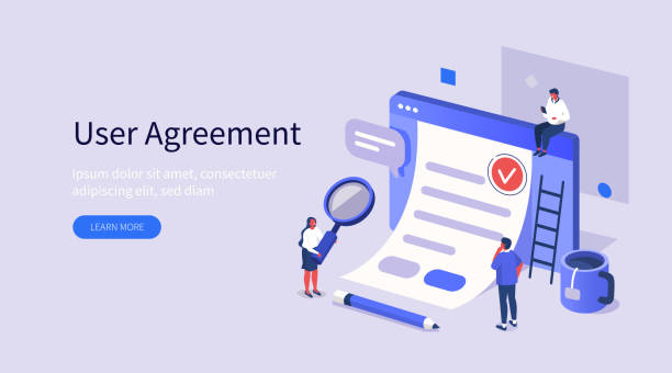 user agreement People Character Inspecting Contract Document, Reading Privacy Policy and Terms and Conditions. Businessman Signing Contract. User Agreement Concept. Flat Isometric Vector Illustration. law illustrations stock illustrations
