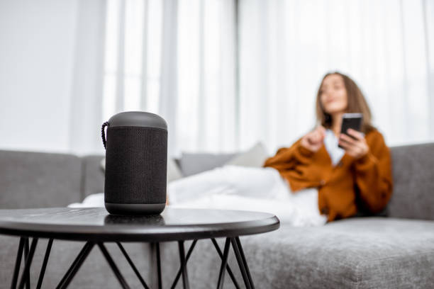 istock Woman controlling home devices with a voice commands 1193488790