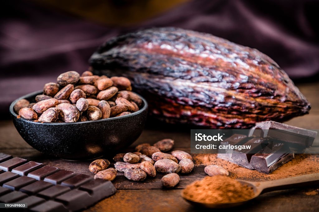 Chocolate bar, cocoa powder, cocoa beans and cocoa pod Front view of some dark chocolate bars, cocoa powder, cocoa seeds and cocoa pods on a dark brown wooden plank. Selective focus on the cocoa beans. Low key DSLR photo taken with Canon EOS 6D Mark II and Canon EF 24-105 mm f/4L Cacao Fruit Stock Photo