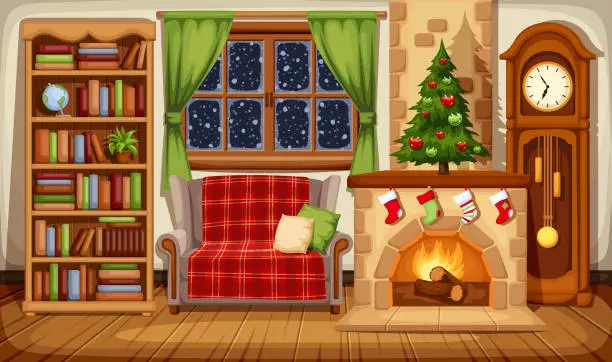 Vector illustration of Christmas evening room interior. Vector illustration.