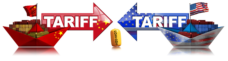 USA and China trade war concept. Two cargo container ships with national flags and arrows with text Tariff, isolated on white background, 3D illustration and photography