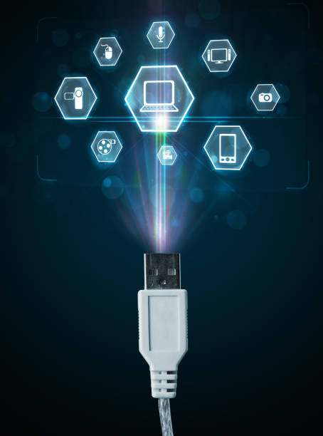 istock Electric cable with multimedia icons 1193495577