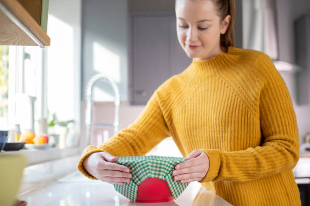 Woman Wrapping Food Bowl In Reusable Environmentally Friendly Beeswax Wrap Woman Wrapping Food Bowl In Reusable Environmentally Friendly Beeswax Wrap beeswax wrap stock pictures, royalty-free photos & images