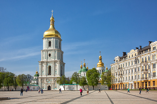 KYIV, UKRAINE - April 25th, 2019: View to Sofiivska square with St. Sophia cathedral and historic buildings nearby