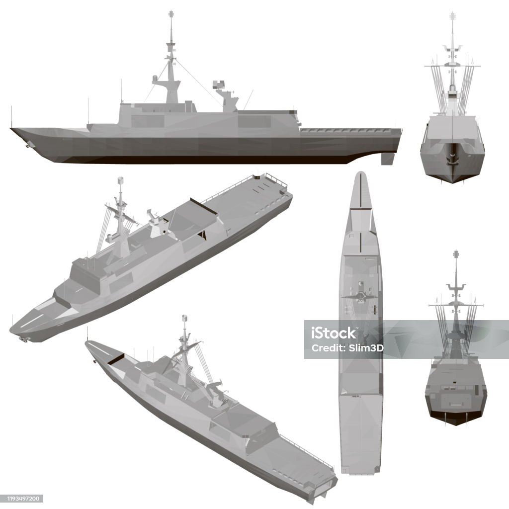 Set with a warship isolated on a white background. Ship with weapons from different positions. 3D. Vector illustration Set with a warship isolated on a white background. Ship with weapons from different positions. 3D. Vector illustration. Military Ship stock vector