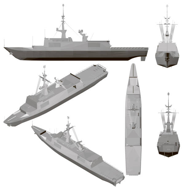 Set with a warship isolated on a white background. Ship with weapons from different positions. 3D. Vector illustration Set with a warship isolated on a white background. Ship with weapons from different positions. 3D. Vector illustration. warship stock illustrations