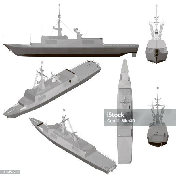 Set With A Warship Isolated On A White Background Ship With Weapons From Different Positions 3d Vector Illustration Stock Illustration - Download Image Now