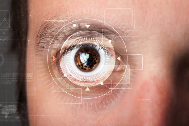 istock Cyber man with technolgy eye looking 1193498445