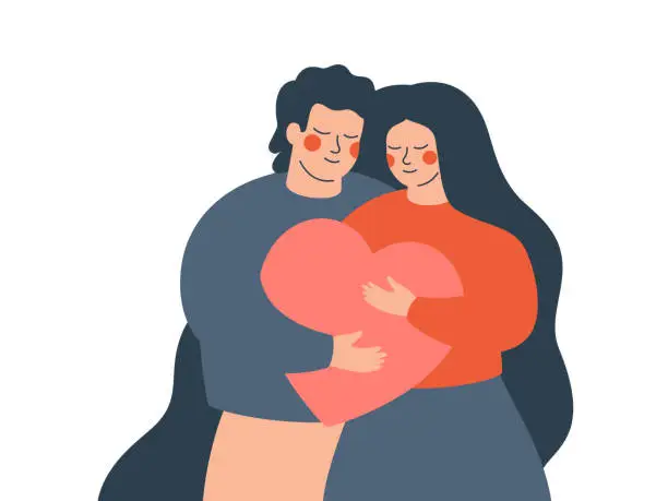 Vector illustration of A young couple embraces each other with love and care. Happy woman and man hold a big heart together.