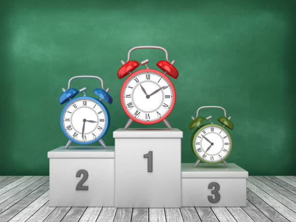 Podium with Alarm Clock on Chalkboard Background - 3D Rendering