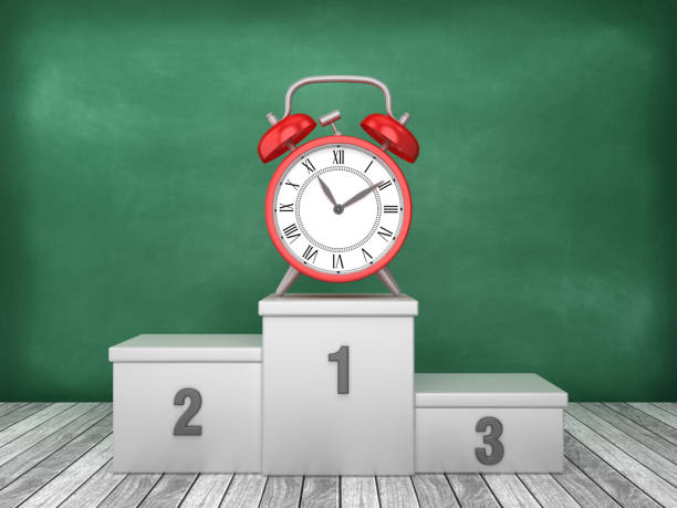 istock Podium with Alarm Clock on Chalkboard Background - 3D Rendering 1193500141