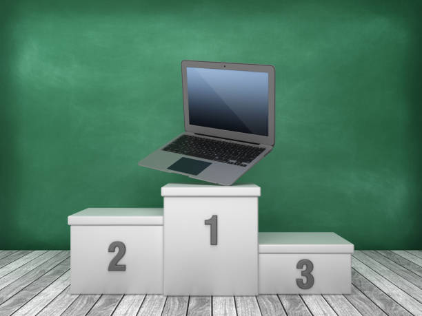 istock Podium with Computer Laptop on Chalkboard Background - 3D Rendering 1193500223