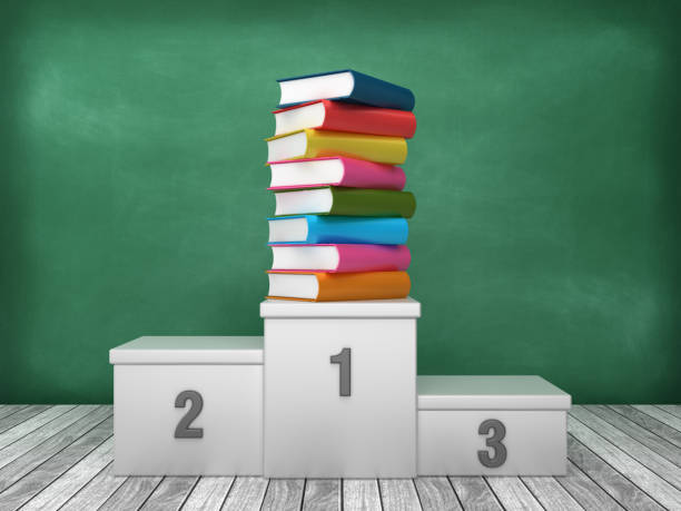Podium with Books on Chalkboard Background - 3D Rendering