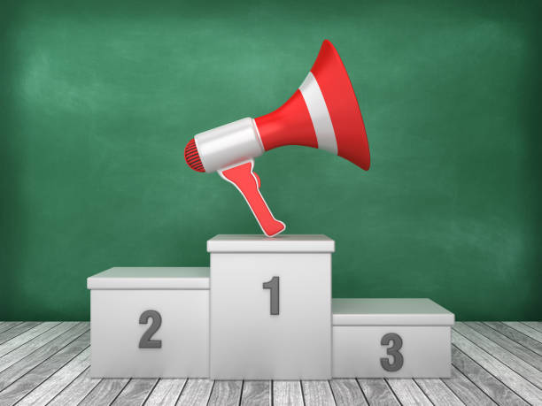 istock Podium with Megaphone on Chalkboard Background - 3D Rendering 1193500293