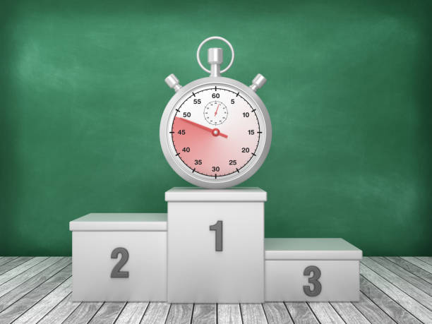 istock Podium with Stopwatch on Chalkboard Background - 3D Rendering 1193500359