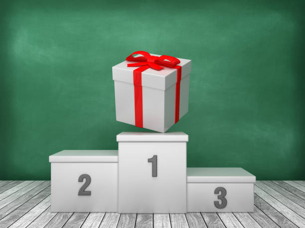 istock Podium with Gift Box on Chalkboard Background - 3D Rendering 1193500494