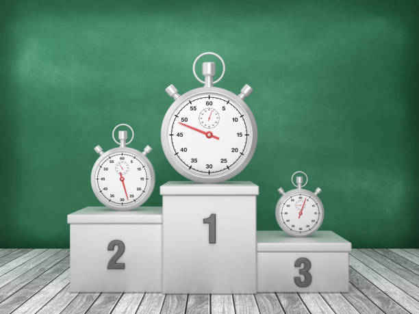 istock Podium with Stopwatch on Chalkboard Background - 3D Rendering 1193500756