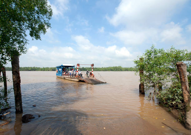 Sun Phu Ferry nears the riverbank, Mekong River, South Vietnam Sun Phu Ferry approach, Mekong River, South Vietnam. Water craft traffic such as barges, houseboats, passenger craft, industrial freighters and small personal boats travel the green rippled waters of the channels and routes of the mighty Mekong River as it flows to the Mekong Delta, South Vietnam small houseboats stock pictures, royalty-free photos & images