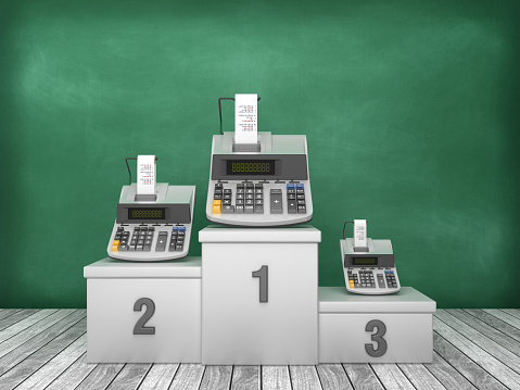 Podium with Calculator on Chalkboard Background - 3D Rendering