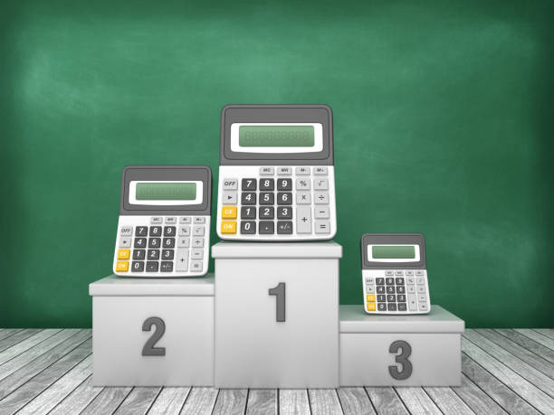 istock Podium with Calculator on Chalkboard Background - 3D Rendering 1193501766