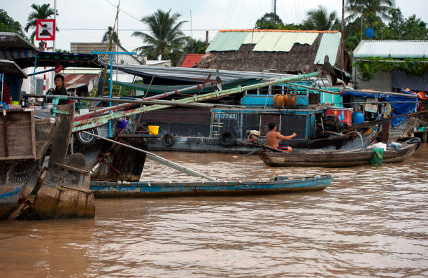 Floating market craft, Mekong River, South Vietnam Floating market, Mekong River, South Vietnam. Water craft traffic such as barges, houseboats, passenger craft, industrial freighters and small personal boats travel the green rippled waters of the channels and routes of the mighty Mekong River as it flows to the Mekong Delta, South Vietnam small houseboats stock pictures, royalty-free photos & images