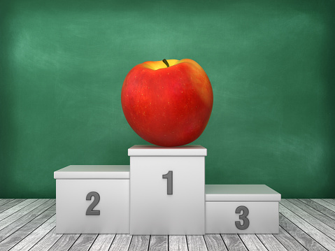 Podium with Apple on Chalkboard Background - 3D Rendering