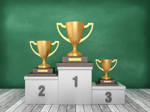istock Podium with Trophy on Chalkboard Background - 3D Rendering 1193502028
