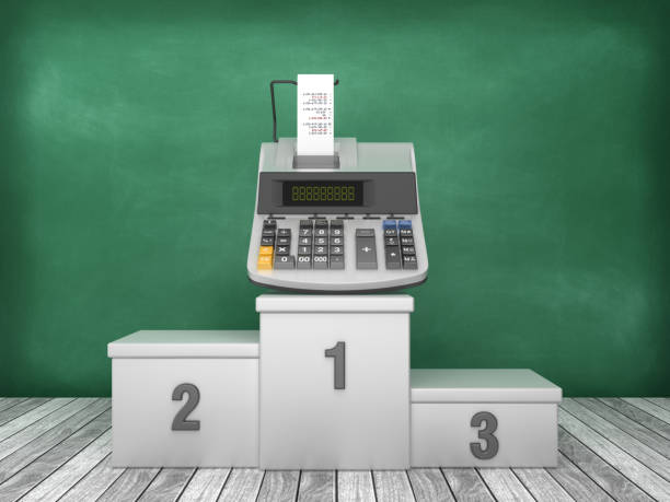istock Podium with Calculator on Chalkboard Background - 3D Rendering 1193502066