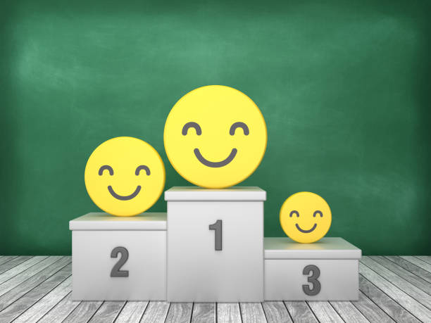 istock Podium with Happy Emoticon on Chalkboard Background - 3D Rendering 1193502152