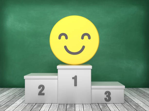 istock Podium with Happy Emoticon on Chalkboard Background - 3D Rendering 1193502194