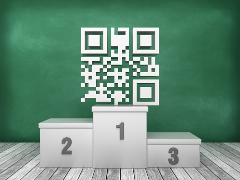 Podium with QR Code on Chalkboard Background - 3D Rendering