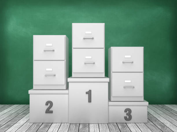 istock Podium with Archives on Chalkboard Background - 3D Rendering 1193502459