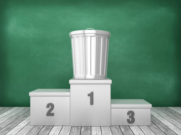 istock Podium with Trash Can on Chalkboard Background - 3D Rendering 1193502544