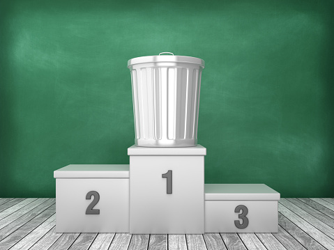 Podium with Trash Can on Chalkboard Background - 3D Rendering