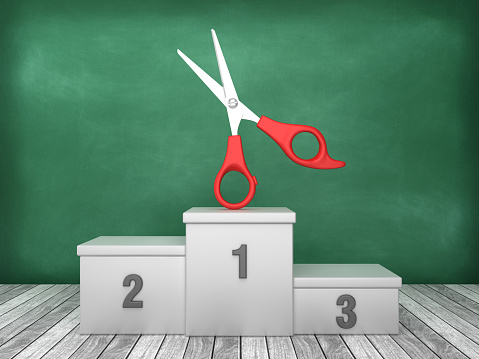 Podium with Scissors on Chalkboard Background - 3D Rendering