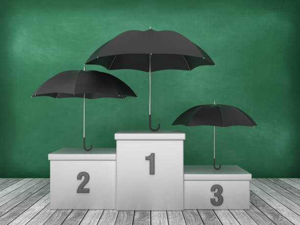 istock Podium with Umbrella on Chalkboard Background - 3D Rendering 1193503328