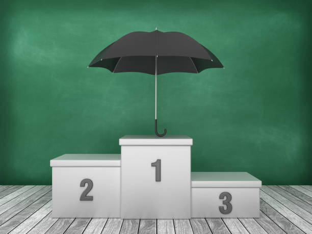istock Podium with Umbrella on Chalkboard Background - 3D Rendering 1193503340