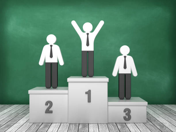 istock Podium with Business Pictograms on Chalkboard Background - 3D Rendering 1193503371