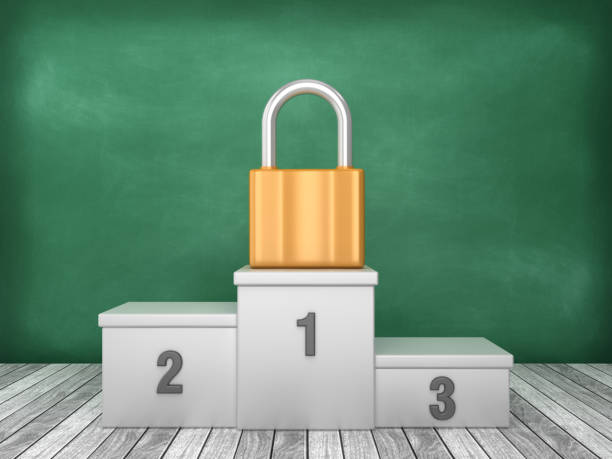 Podium with Padlock on Chalkboard Background - 3D Rendering