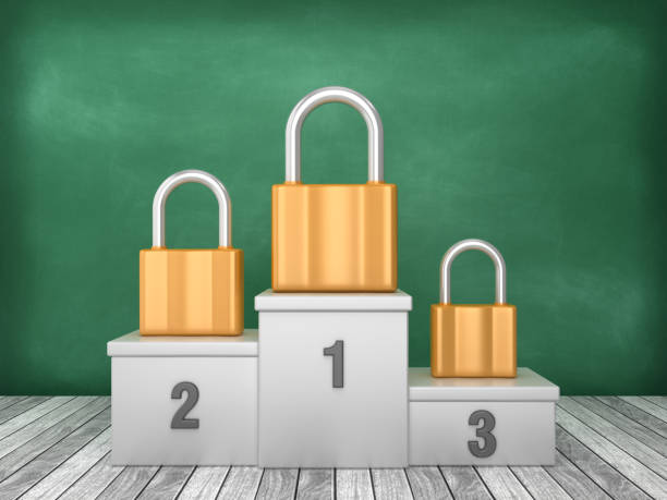 istock Podium with Padlock on Chalkboard Background - 3D Rendering 1193503435