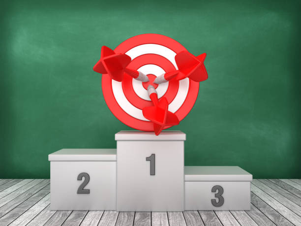 istock Podium with Target and Darts on Chalkboard Background - 3D Rendering 1193503448