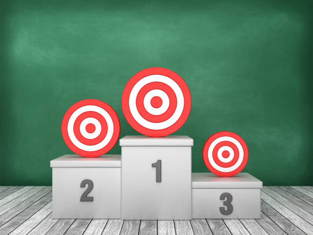 istock Podium with Target and Darts on Chalkboard Background - 3D Rendering 1193503470