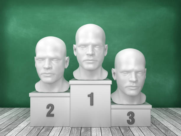 istock Podium with Head on Chalkboard Background - 3D Rendering 1193503515